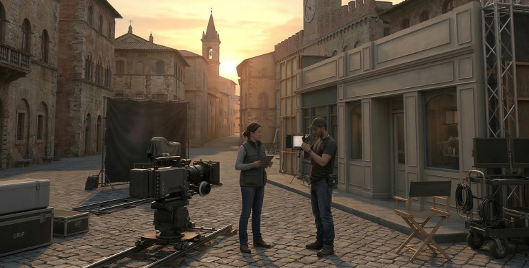 The graphical representation of a film set setup in a historical location.