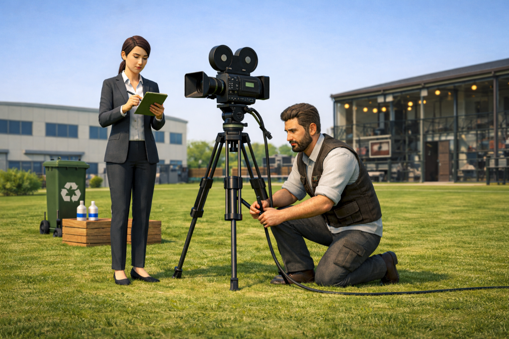 In the image, a technician is setting up a video camera in the middle of a green field. Next to him, there is a worker, presumably a safety technician, who is taking notes. The image also shows some bins for separate waste collection.