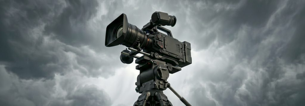 An image of a videocamera on a set, the background is covered by grey clouds as if it's about to rain soon.