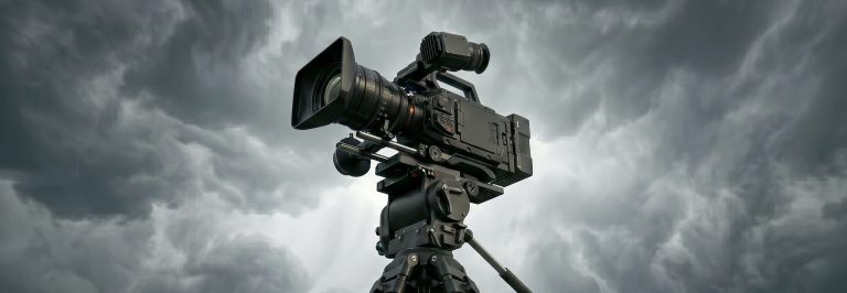 An image of a videocamera on a set, the background is covered by grey clouds as if it's about to rain soon.