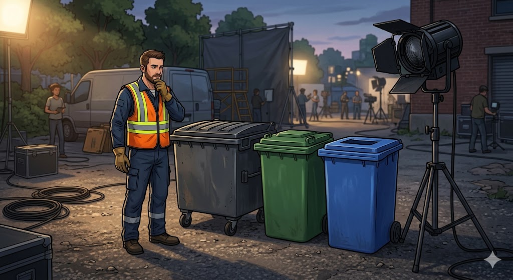 A film and audiovisual industry professional reflects in front of recycling bins. The image aims to be a metaphor for the RENTRI system.