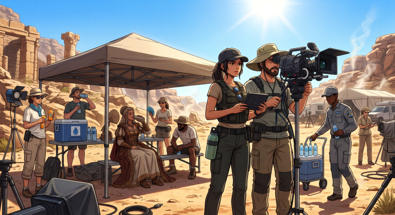 This cinematic anime illustration depicts a film production ready for extreme heat during a demanding outdoor shoot in a scorching desert canyon. Under the blazing sun, the crew implements essential safety measures by setting up a large canopy that provides a shaded rest area where an actress in a heavy period costume and several staff members can cool down away from the direct light.