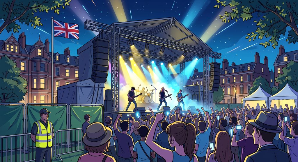 The vibrant 2D anime-style illustration captures a lively outdoor night concert set in a classic British town square, complete with elegant brick buildings and a waving Union Jack flag. A dense crowd of spectators cheers in the foreground, facing an impressive stage where a rock band performs under striking yellow and blue spotlights. Meanwhile, a security guard in a high-visibility vest stands watch near the barricades on the left, adding a touch of realism to the festive atmosphere.