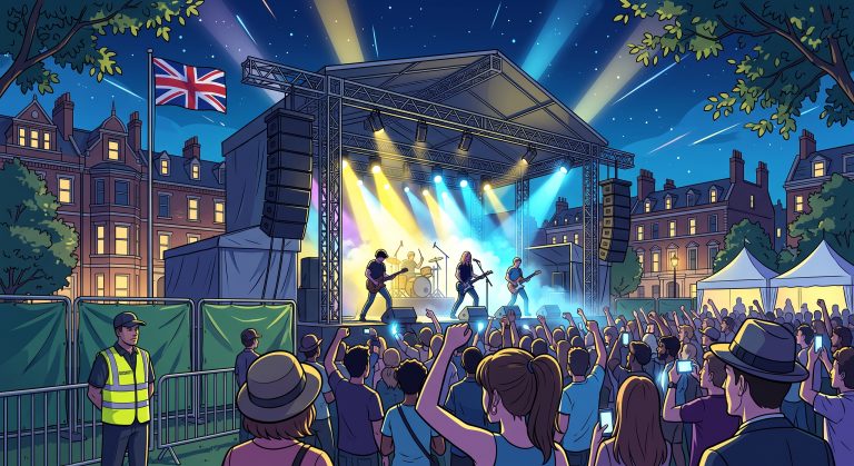 The vibrant 2D anime-style illustration captures a lively outdoor night concert set in a classic British town square, complete with elegant brick buildings and a waving Union Jack flag. A dense crowd of spectators cheers in the foreground, facing an impressive stage where a rock band performs under striking yellow and blue spotlights. Meanwhile, a security guard in a high-visibility vest stands watch near the barricades on the left, adding a touch of realism to the festive atmosphere.
