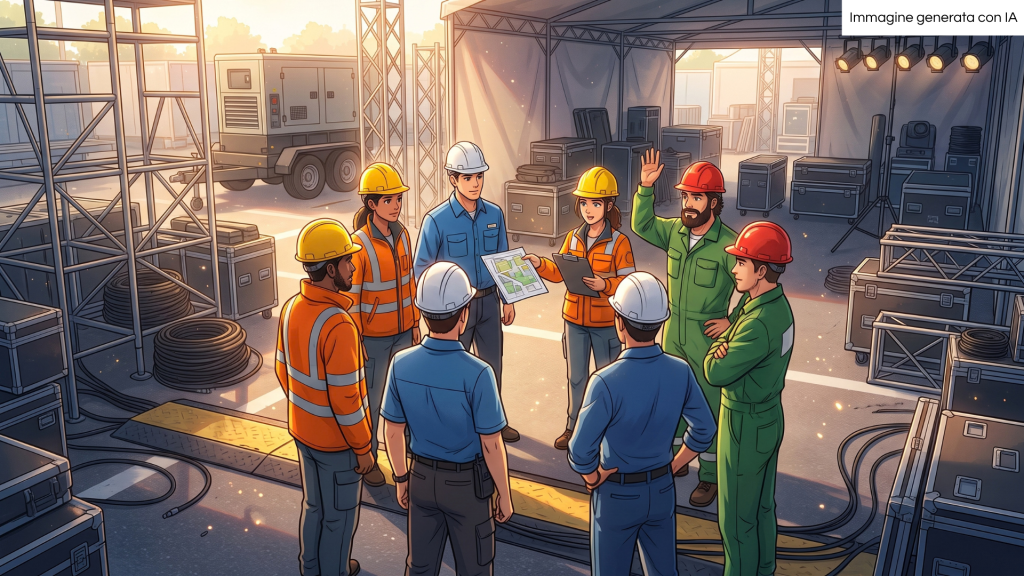 The image depicts a group of seven workers gathered in a circle for an on-site briefing within a technical setup area. The individuals wear hard hats in varying colors alongside distinct work uniforms highlighting their representation of different external contracting companies. At the center of the interaction, one worker holds up a structural blueprint while a colleague beside him holds a clipboard, actively coordinating their tasks. The background features a detailed staging environment under warm lighting, complete with metal scaffolding, a towable power generator, technical flight cases, and a stage tent rigged with lighting equipment.