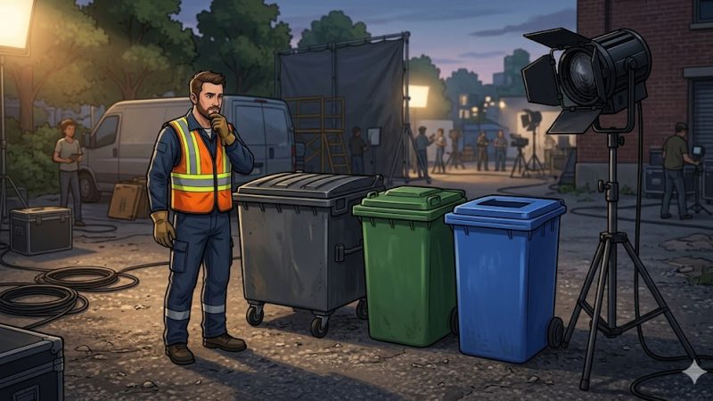 A film and audiovisual industry professional reflects in front of recycling bins. The image aims to be a metaphor for the RENTRI system.
