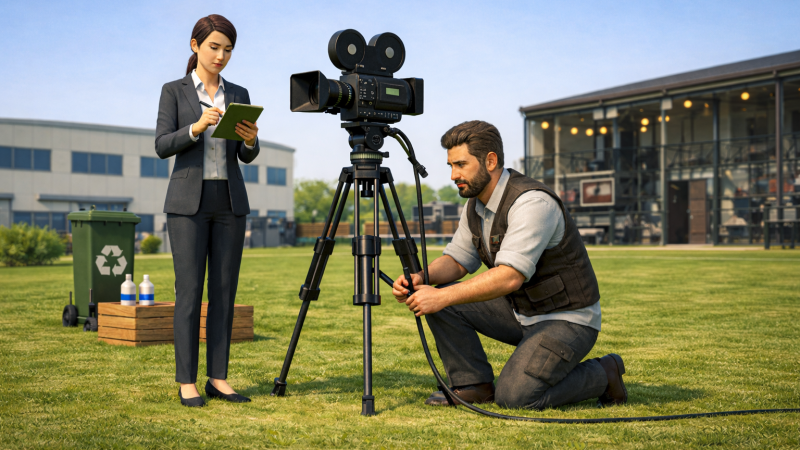 In the image, a technician is setting up a video camera in the middle of a green field. Next to him, there is a worker, presumably a safety technician, who is taking notes. The image also shows some bins for separate waste collection.