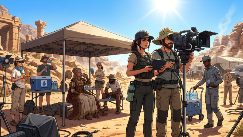 This cinematic anime illustration depicts a film production ready for extreme heat during a demanding outdoor shoot in a scorching desert canyon. Under the blazing sun, the crew implements essential safety measures by setting up a large canopy that provides a shaded rest area where an actress in a heavy period costume and several staff members can cool down away from the direct light.