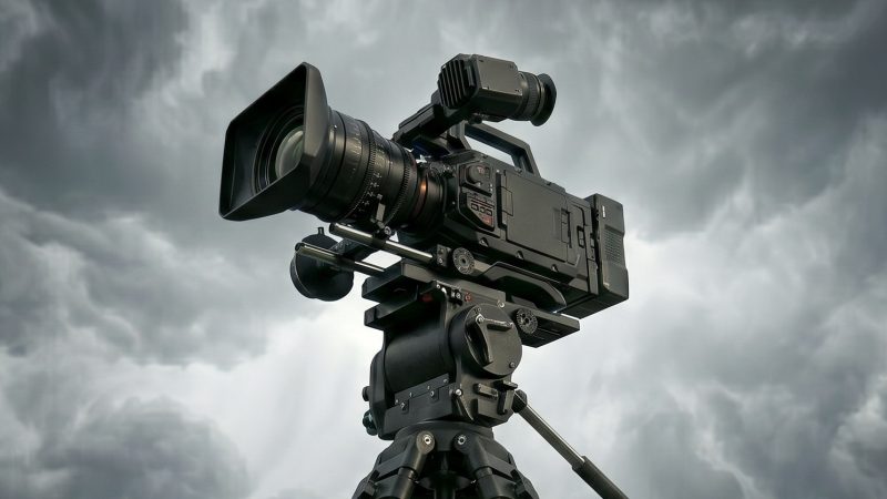 An image of a videocamera on a set, the background is covered by grey clouds as if it's about to rain soon.