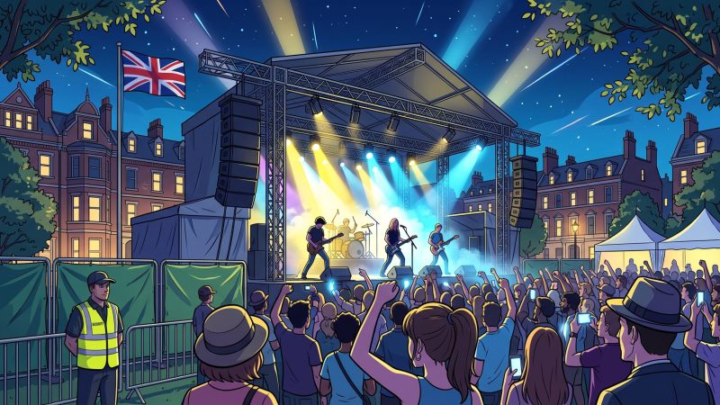 The vibrant 2D anime-style illustration captures a lively outdoor night concert set in a classic British town square, complete with elegant brick buildings and a waving Union Jack flag. A dense crowd of spectators cheers in the foreground, facing an impressive stage where a rock band performs under striking yellow and blue spotlights. Meanwhile, a security guard in a high-visibility vest stands watch near the barricades on the left, adding a touch of realism to the festive atmosphere.