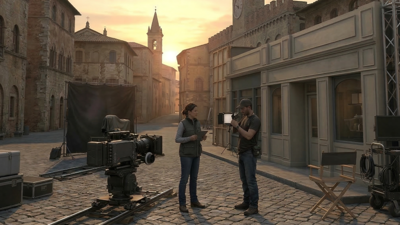 The graphical representation of a film set setup in a historical location.